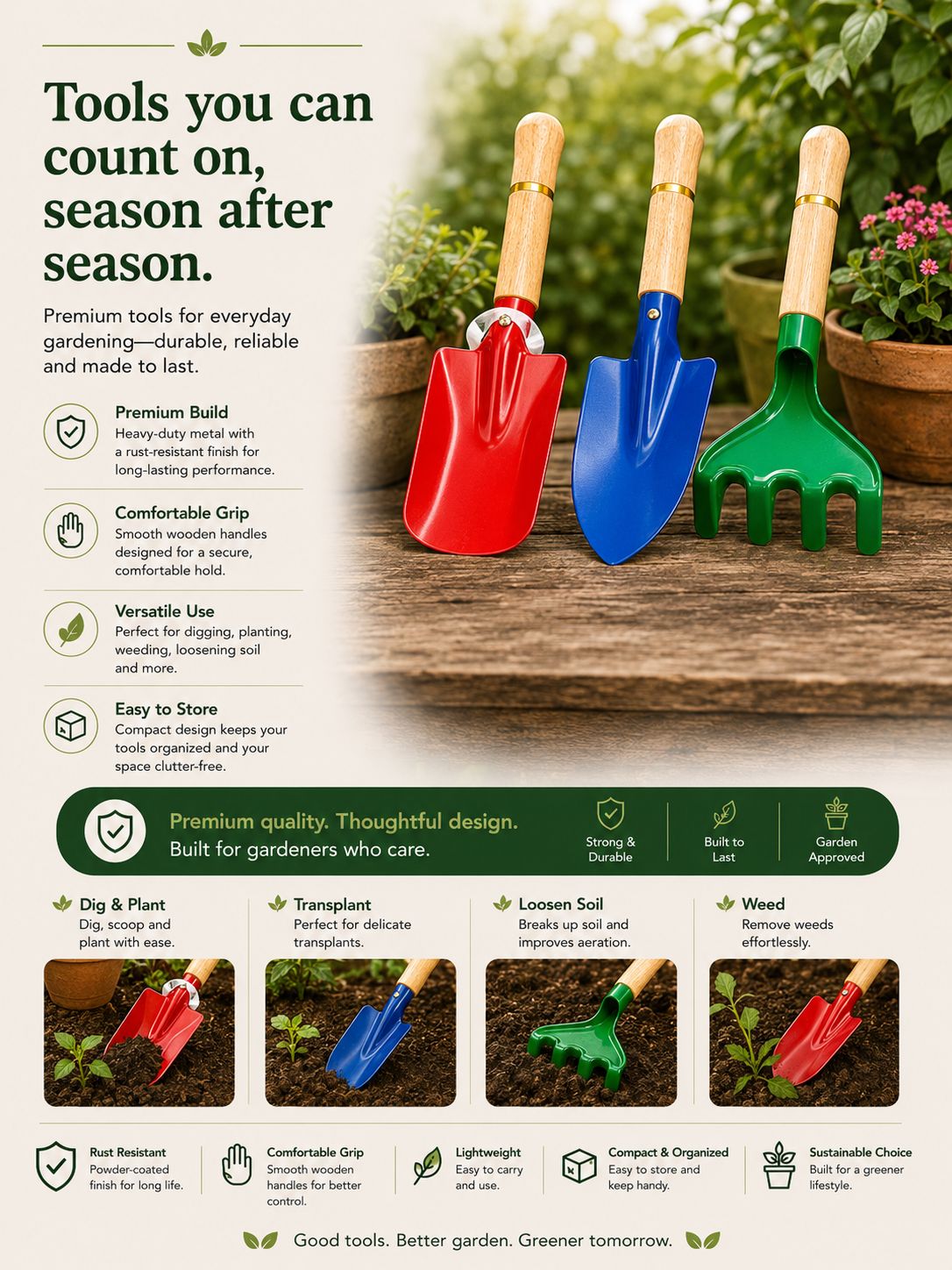 Premium 3-Piece Gardening Tool Set – Trowel, Rake & Soil Scoop for Home Garden 🌱