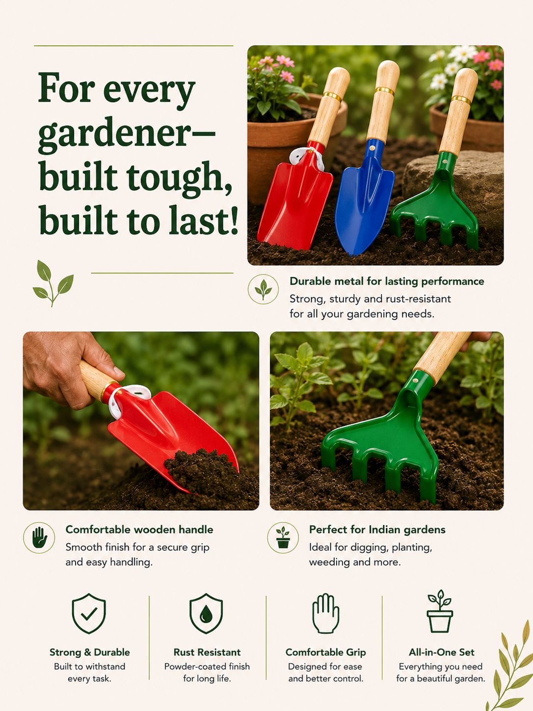 Premium 3-Piece Gardening Tool Set – Trowel, Rake & Soil Scoop for Home Garden 🌱