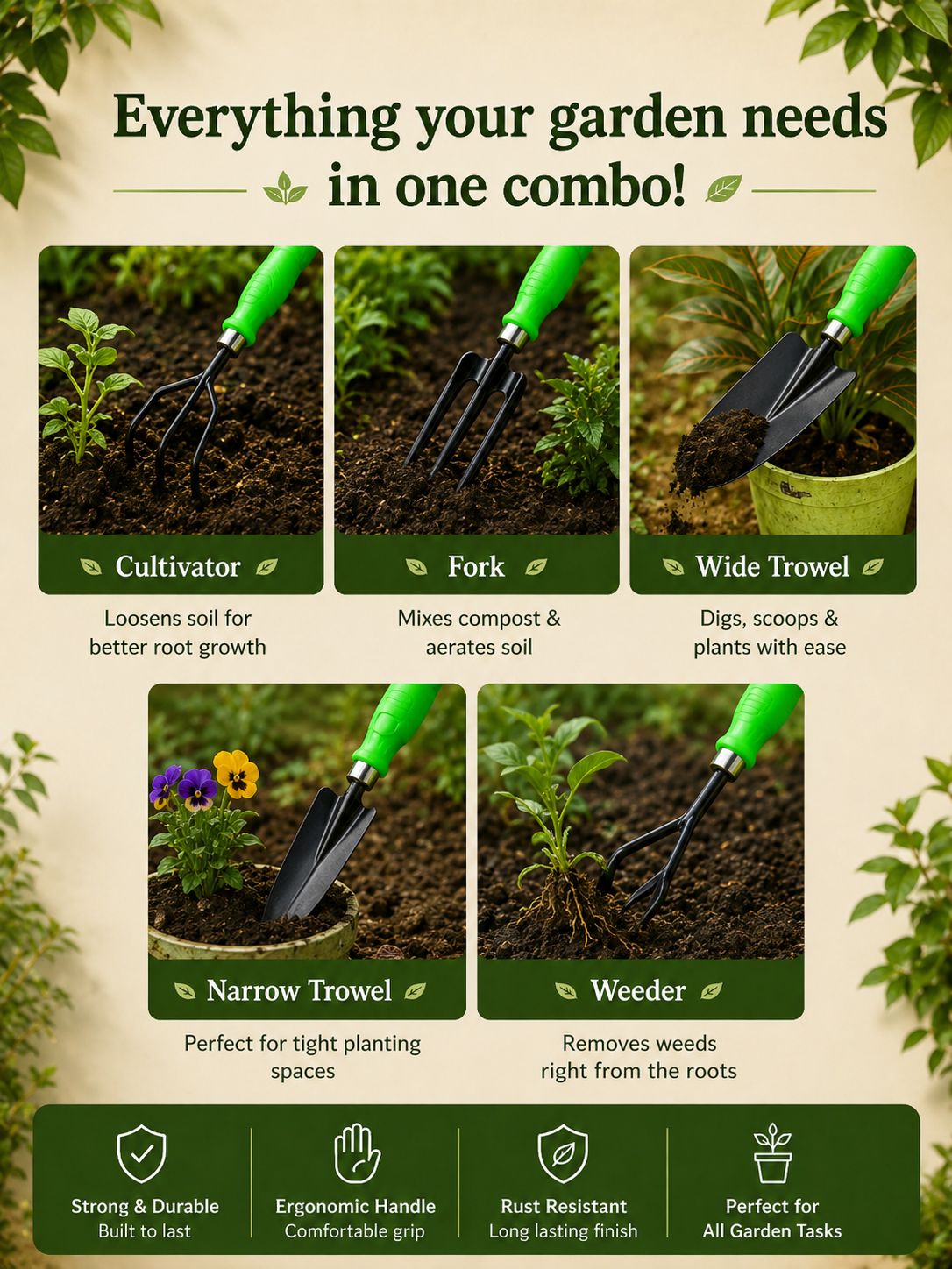 Premium 5-in-1 Gardening Hand Tools Kit for Digging, Weeding, Planting & Cultivating 🌱