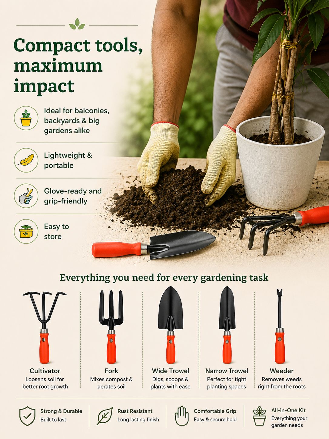 Premium 5-Piece Gardening Hand Tools Set for Digging, Weeding, Planting & Cultivating 🌱
