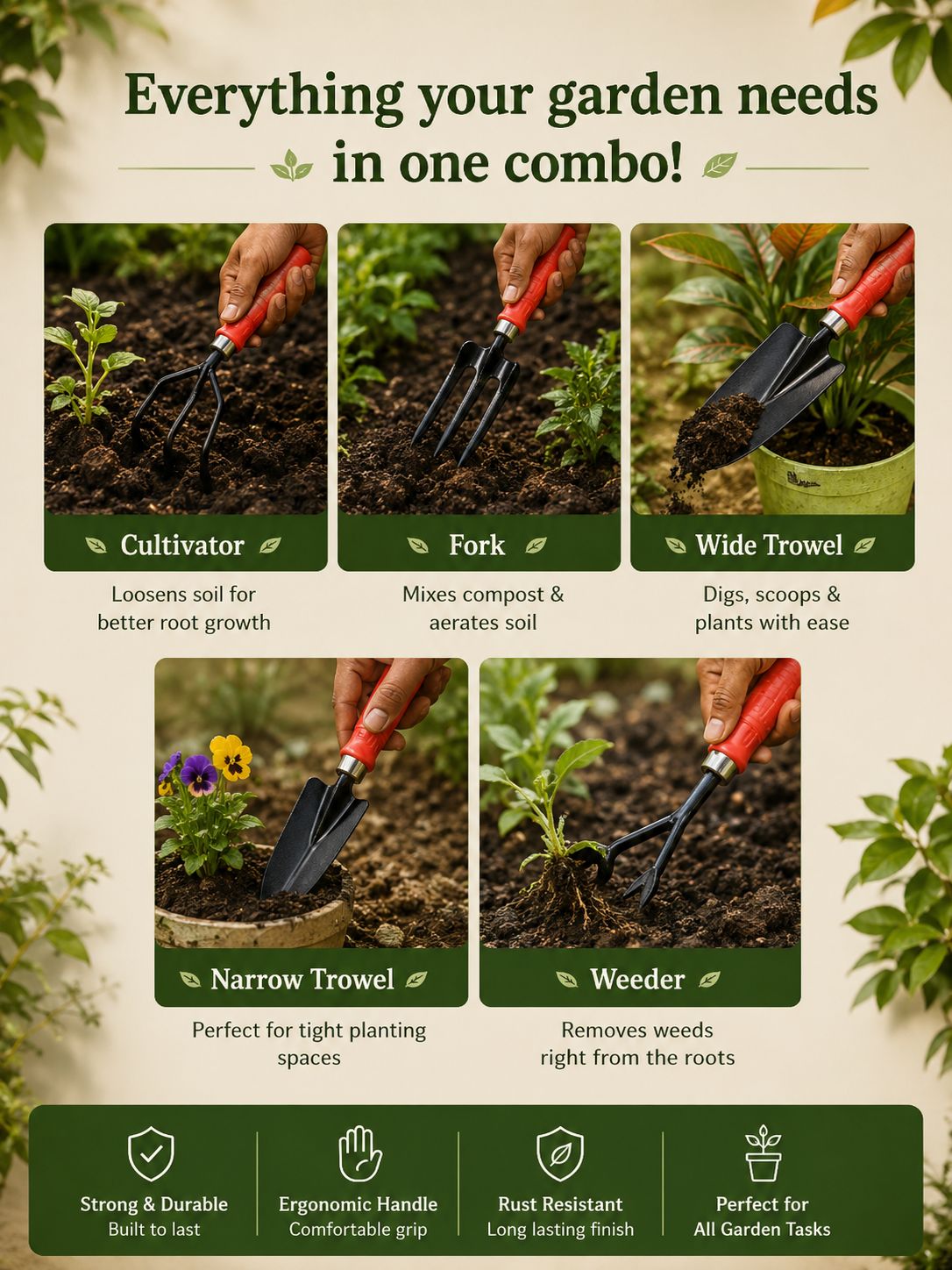 Premium 5-Piece Gardening Hand Tools Set for Digging, Weeding, Planting & Cultivating 🌱