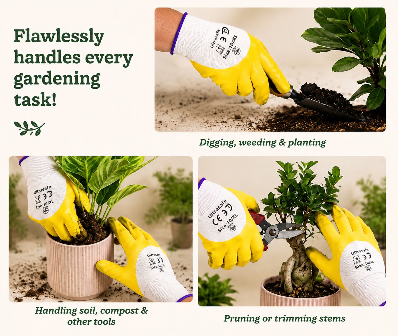Ultrasafe Yellow Latex Coated Safety Gloves for Gardening, Farming & Industrial Work (XL Size)