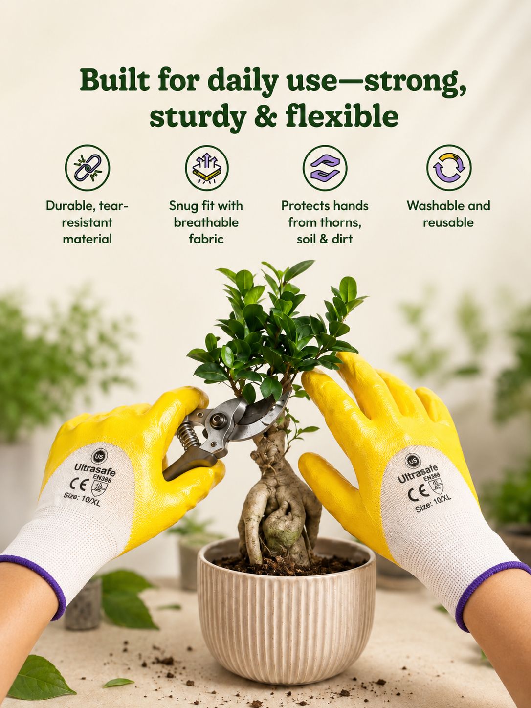 Ultrasafe Yellow Latex Coated Safety Gloves for Gardening, Farming & Industrial Work (XL Size)