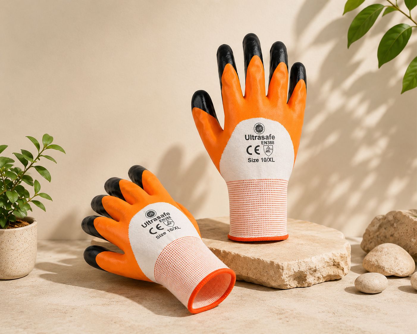 Ultrasafe Nitrile Coated Safety Gloves for Gardening, Farming & Industrial Use (Orange, XL)