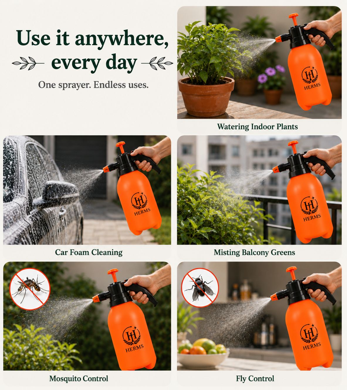 HERMS Premium 2L Hand Pressure Garden ORANGE Sprayer | Adjustable Brass Nozzle Plant Water Sprayer for Gardening, Watering & Plant Care
