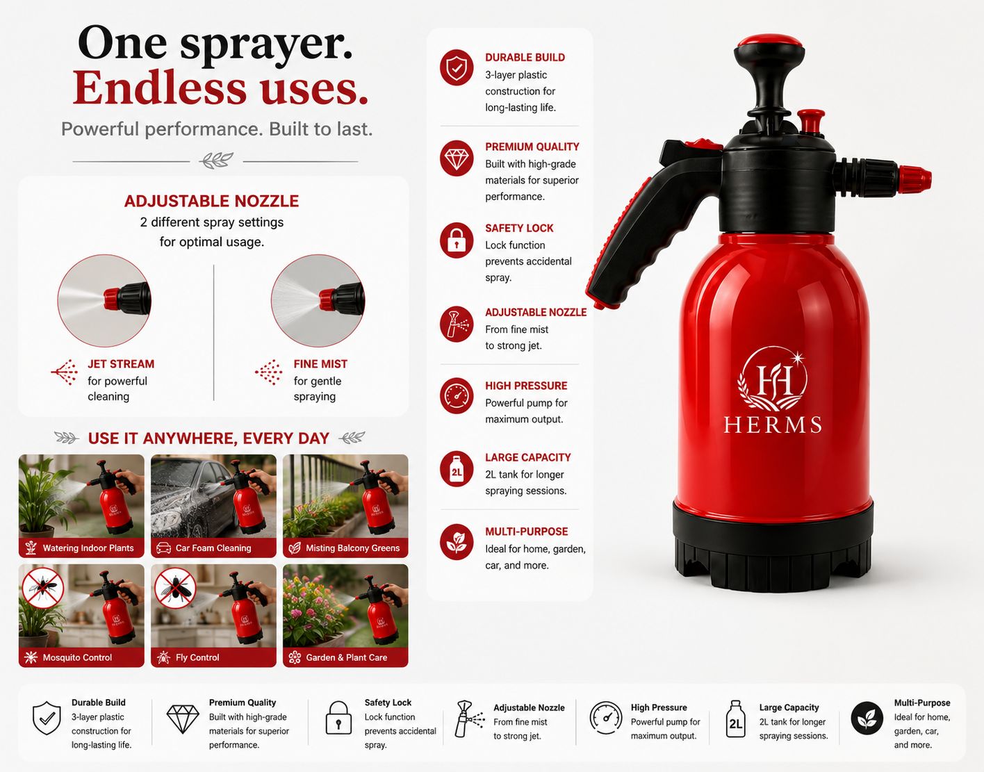 HERMS Premium 2L Hand Pressure Garden Sprayer RED Pump | Adjustable Nozzle for Plant Watering, Fertilizers & Pesticide Spraying
