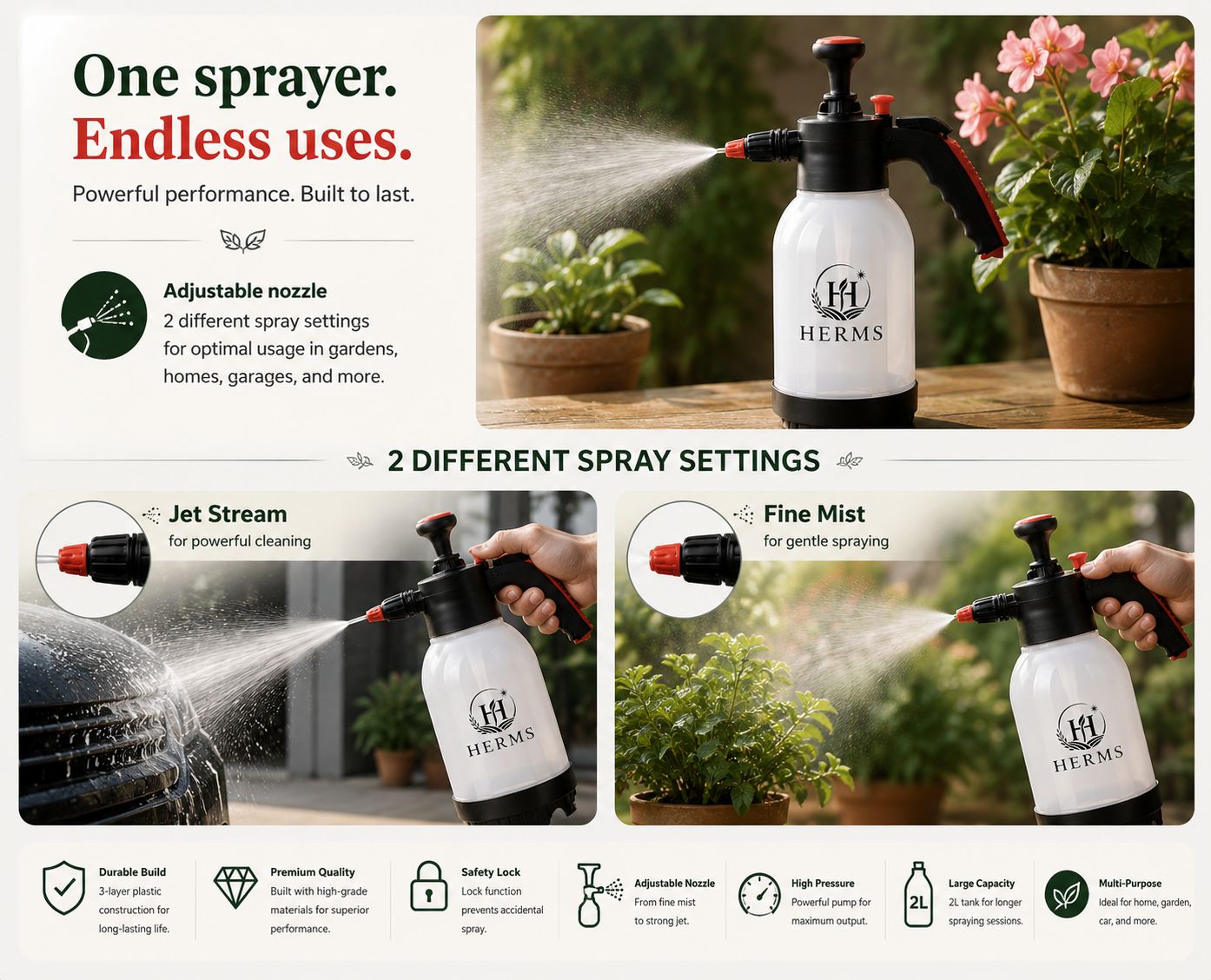 HERMS Premium 2L Hand Pressure Garden Sprayer WHITE Pump | Adjustable Nozzle for Plant Watering, Fertilizers & Pesticide Spraying
