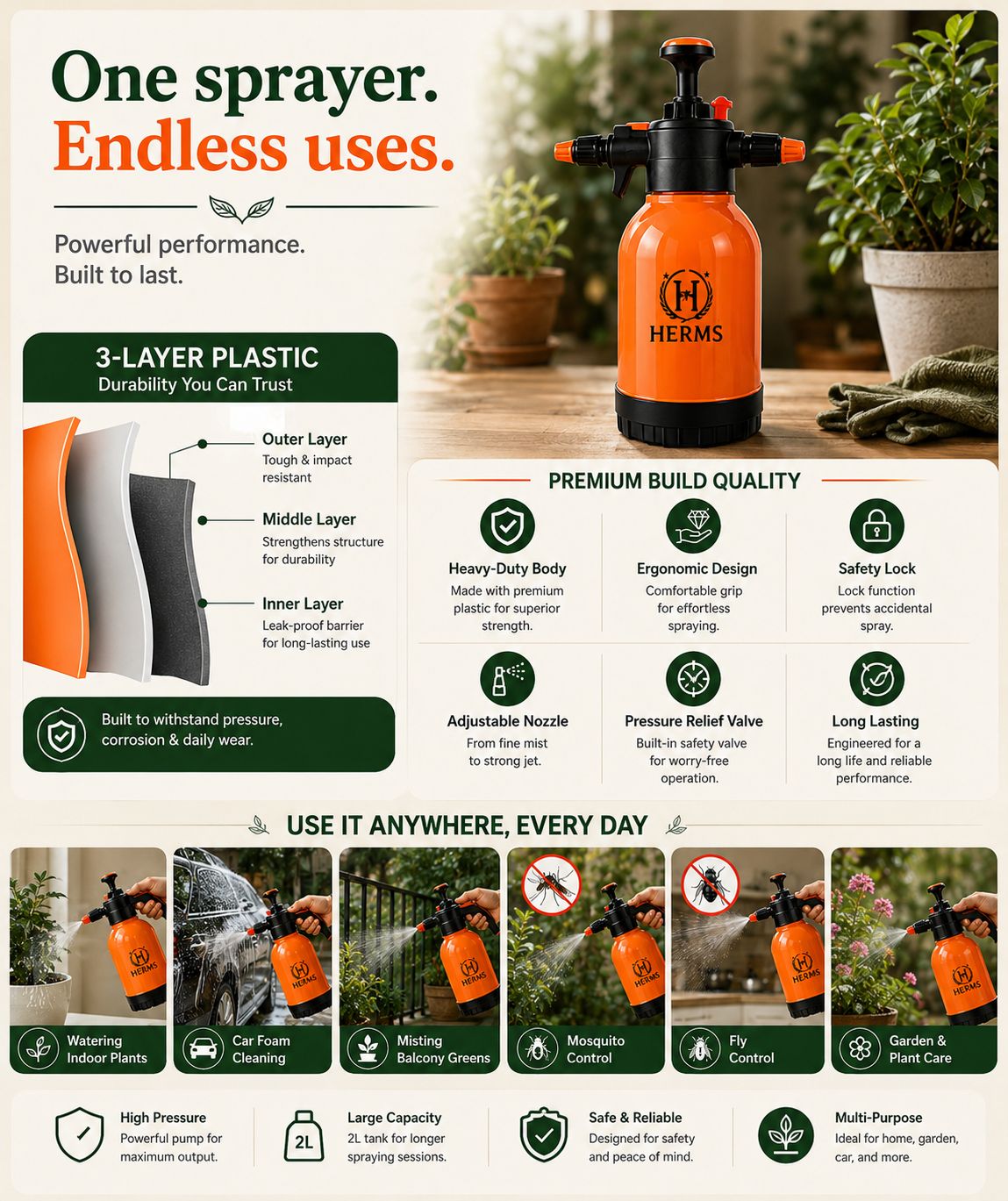 HERMS Premium 2L Hand Pressure Garden ORANGE Spray Pump with 3 Spray Modes | Adjustable Nozzle for Watering, Fertilizing & Plant Care