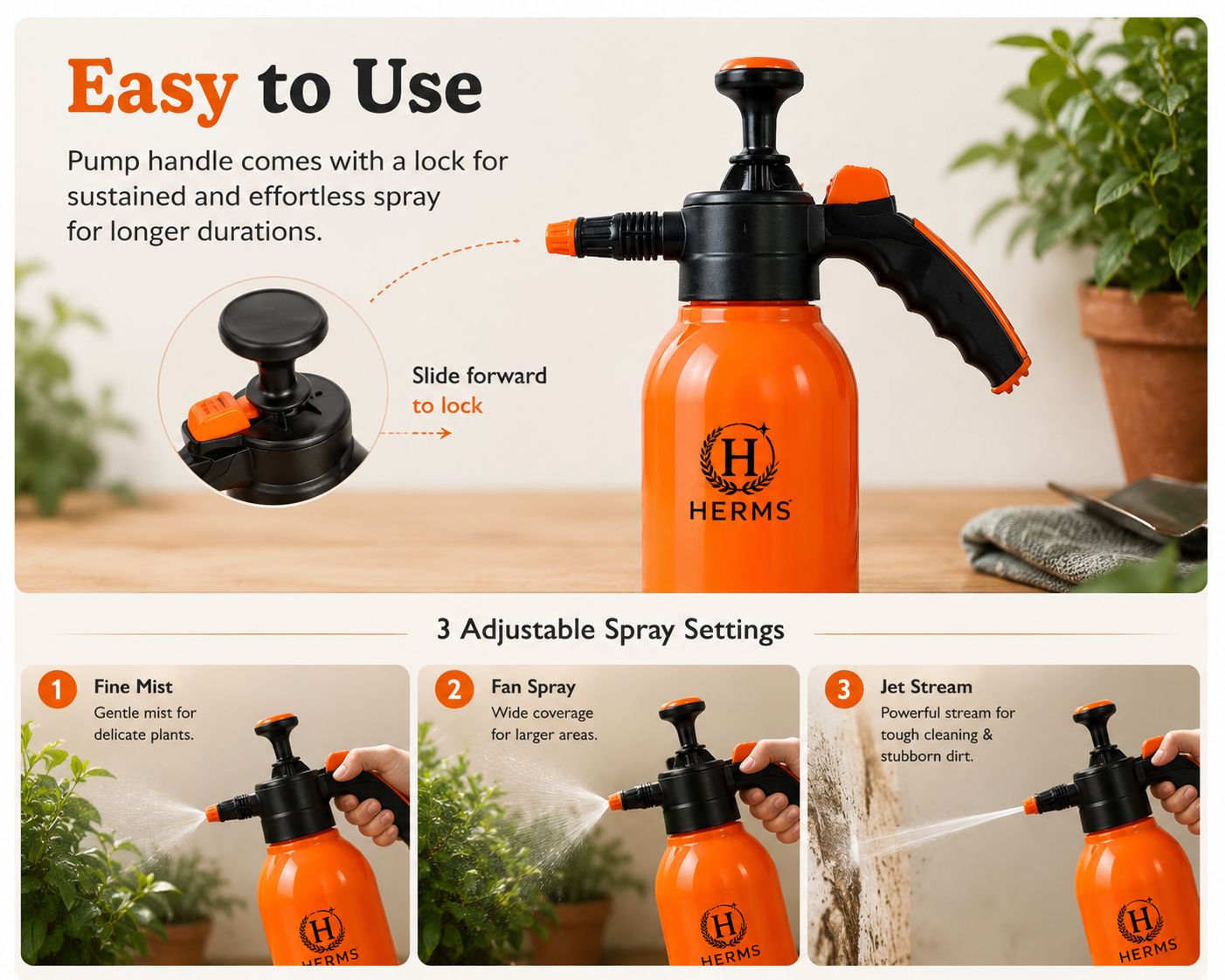 HERMS Premium 2L Hand Pressure Garden ORANGE Spray Pump with 3 Spray Modes | Adjustable Nozzle for Watering, Fertilizing & Plant Care
