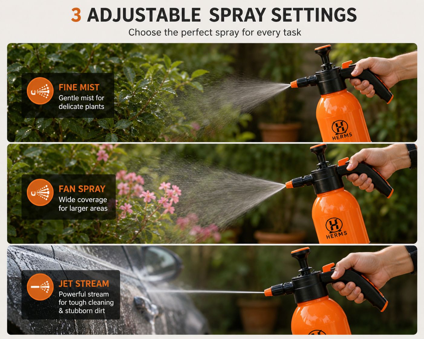 HERMS Premium 2L Hand Pressure Garden ORANGE Spray Pump with 3 Spray Modes | Adjustable Nozzle for Watering, Fertilizing & Plant Care