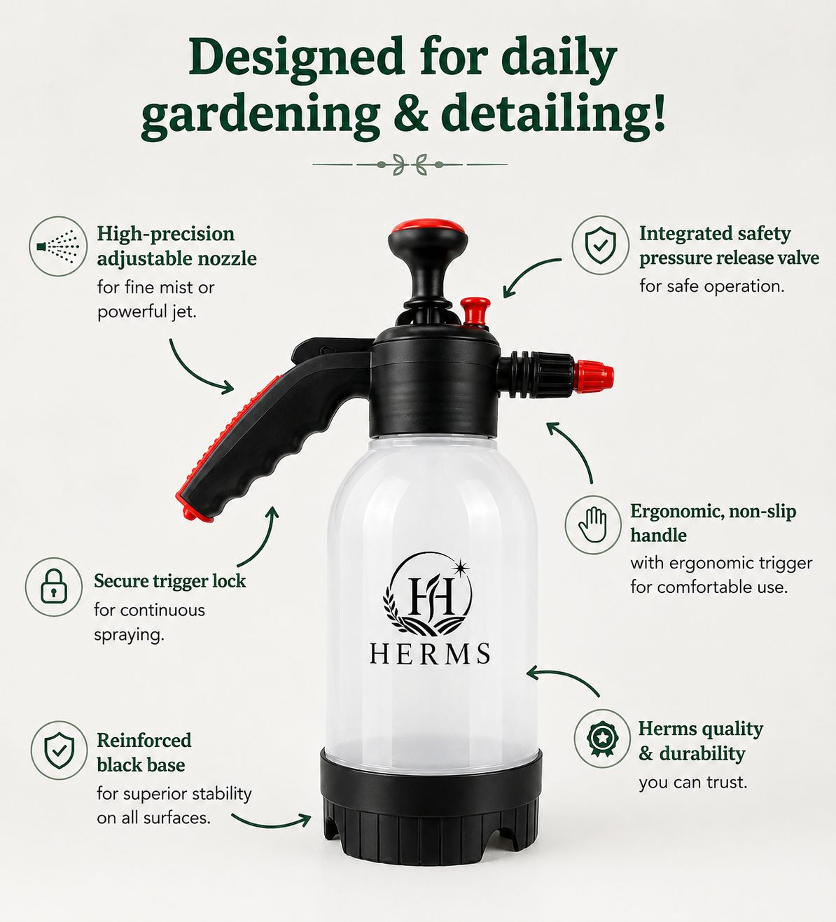 HERMS Premium 2L Hand Pressure Garden Sprayer WHITE Pump | Adjustable Nozzle for Plant Watering, Fertilizers & Pesticide Spraying
