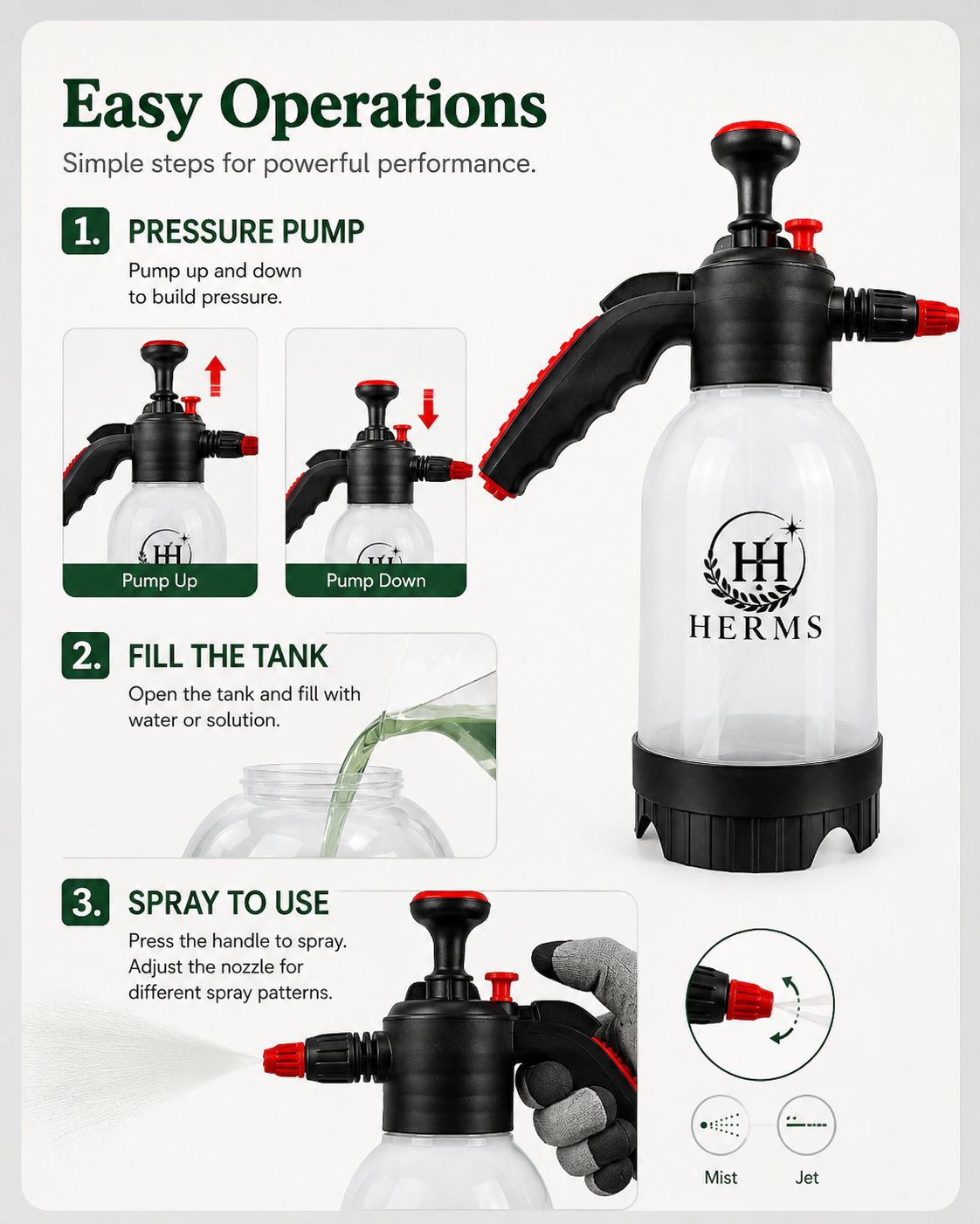 HERMS Premium 2L Hand Pressure Garden Sprayer WHITE Pump | Adjustable Nozzle for Plant Watering, Fertilizers & Pesticide Spraying
