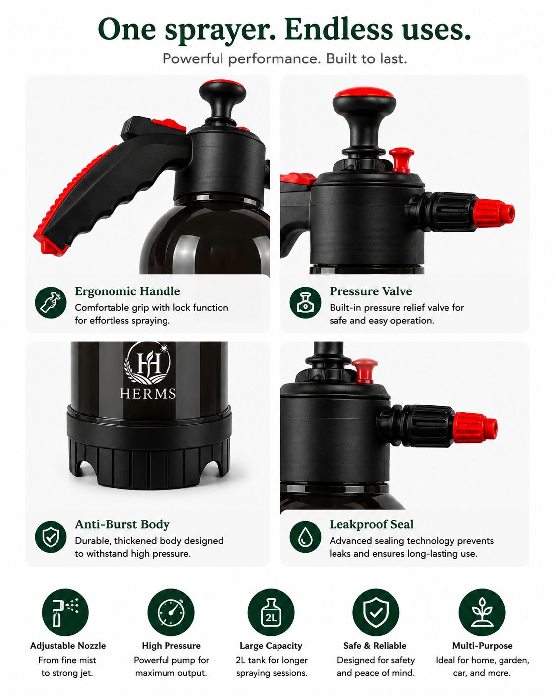 HERMS Premium 2L Hand Pressure Garden Sprayer BLACK Pump | Adjustable Nozzle for Plant Watering, Fertilizers & Pesticide Spraying