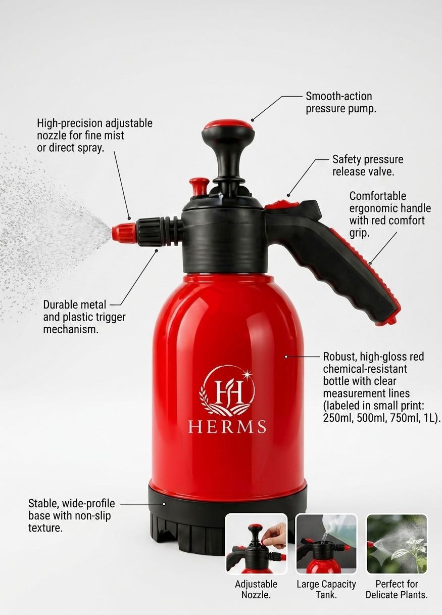 HERMS Premium 2L Hand Pressure Garden Sprayer RED Pump | Adjustable Nozzle for Plant Watering, Fertilizers & Pesticide Spraying