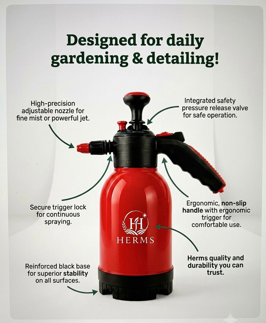 HERMS Premium 2L Hand Pressure Garden Sprayer RED Pump | Adjustable Nozzle for Plant Watering, Fertilizers & Pesticide Spraying
