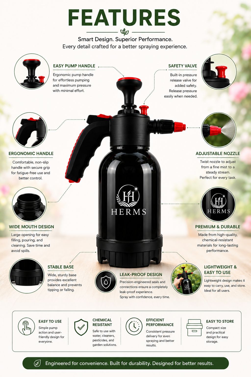 HERMS Premium 2L Hand Pressure Garden Sprayer BLACK Pump | Adjustable Nozzle for Plant Watering, Fertilizers & Pesticide Spraying