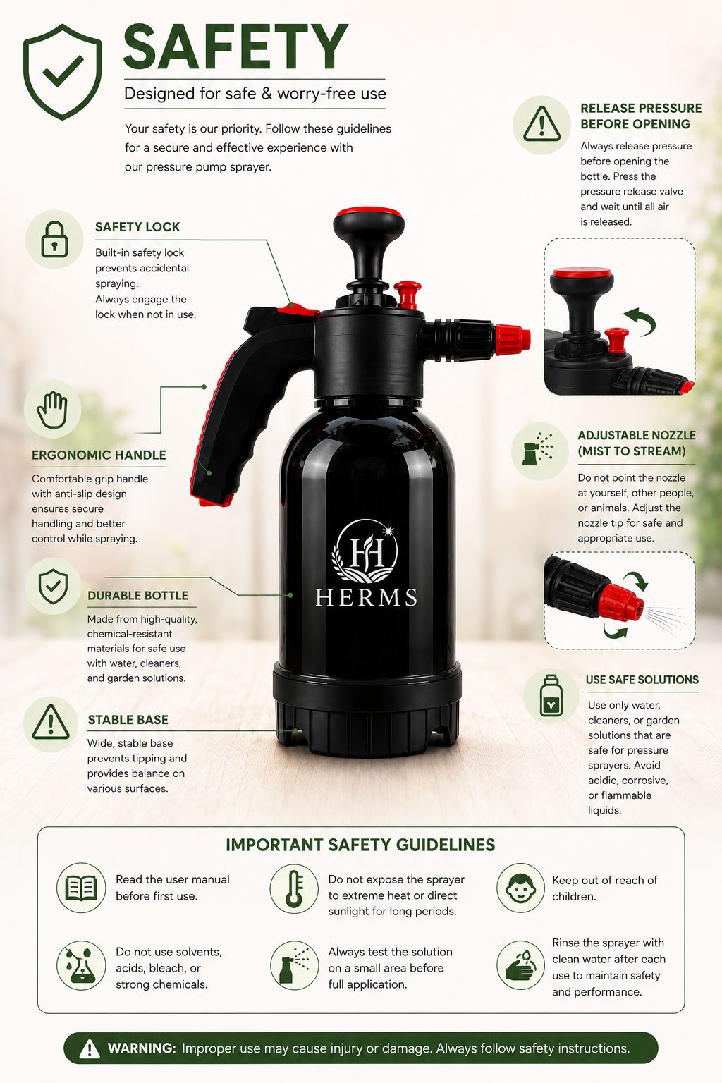 HERMS Premium 2L Hand Pressure Garden Sprayer BLACK Pump | Adjustable Nozzle for Plant Watering, Fertilizers & Pesticide Spraying