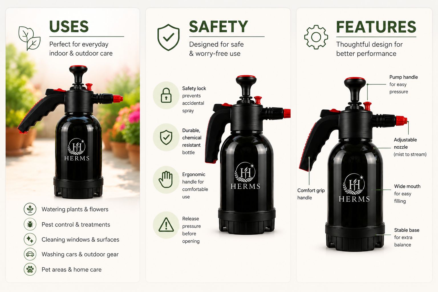 HERMS Premium 2L Hand Pressure Garden Sprayer BLACK Pump | Adjustable Nozzle for Plant Watering, Fertilizers & Pesticide Spraying
