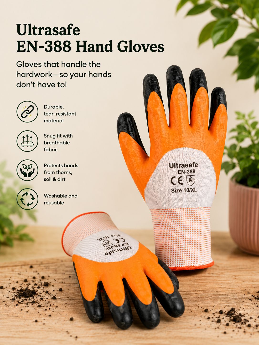 Ultrasafe Nitrile Coated Safety Gloves for Gardening, Farming & Industrial Use (Orange, XL)